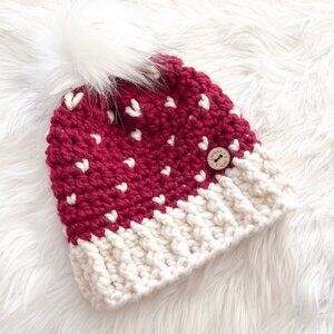 Red and Ivory Crochet Hat, Toque, Womens, Winter, Warm Beanie, Handmade Heart
